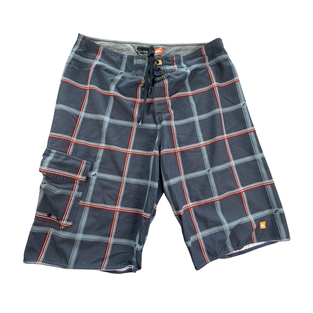 Quiksilver Shorts Mens Medium Gray Plaid Boardshort Swim Trunks Cargo Pocket